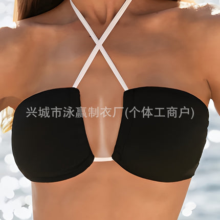 European and American Split Swimsuit, Feminine Cut Out Design, Belly-Covering Bikini, Small Breast Push-Up Beach Vacation Bikini