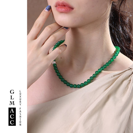New Chinese Style Vintage Beaded Ice Green Agate Necklace Niche Fashion Short Elegant Collar Chain Woolen Chain