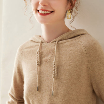 High-grade cashmere sweater women's autumn and winter New hoodie can be worn outside hooded solid color cashmere sweater loose drawstring sweater