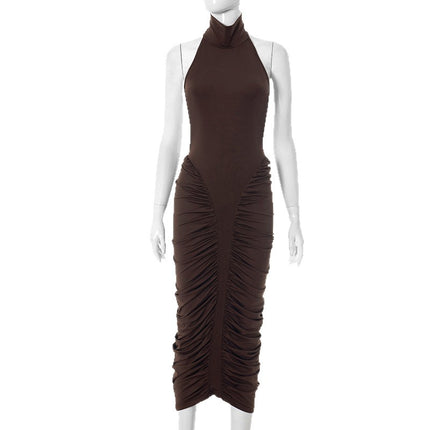 European and American Cross-Border New Women's Solid Color Sleeveless Halter Neck Backless Ruched Sexy Elegant Evening Slim Fit Pencil Dress for Women
