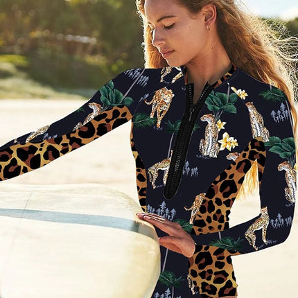 2026 European and American Foreign Trade Slim-Fit Printed Sexy One-Piece Swimsuit Sports Long-Sleeve Zippered Surfing Swimsuit for Women