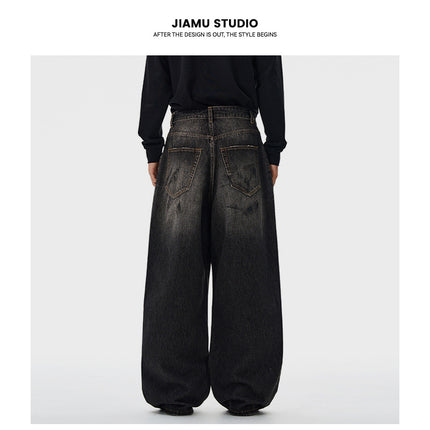 Jiamu Splash-Ink Dirty-Dyed American Baggy Jeans Jeans for Men and Women Straight-Leg Loose Wide-Leg Neutral Draped