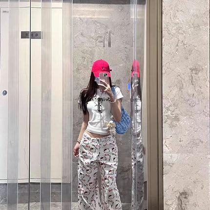 Cartoon Cute Kitty Cat Graffiti Print Jeans Women's Spring and Summer 2025 New High Waist Wide Leg Pants