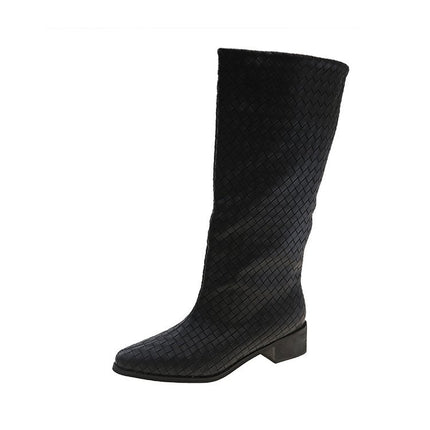 Niche Woven Plaid High Boots for Women 2025 New Pointed Toe Thick Heel Over-The-Knee Boots Large Size Western Knight Boots