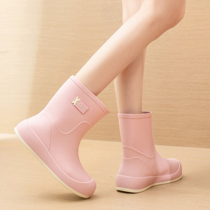High-value waterproof non-slip rain boots thickened fleece-lined warm mid-tube rain boots sweet tie women's outdoor water shoes waterproof boots