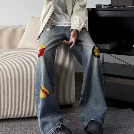 American Retro Niche Creative Burger Fries Towel Embroidered Jeans Men's Street Fashion Brand Loose Casual Long Pants