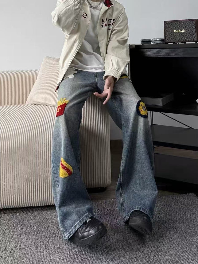 American Retro Niche Creative Burger Fries Towel Embroidered Jeans Men's Street Fashion Brand Loose Casual Long Pants