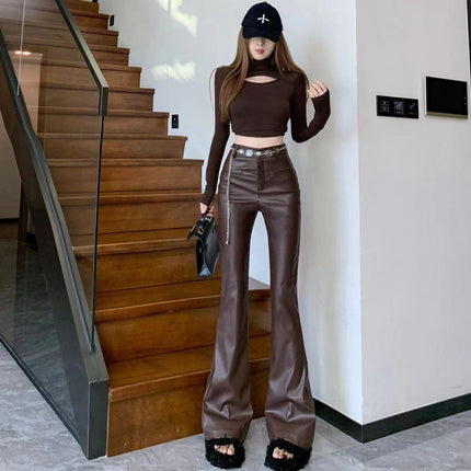 Cross-border Maillard wear retro pu leather pants women's autumn and winter new fashion chain high waist slimming casual pants