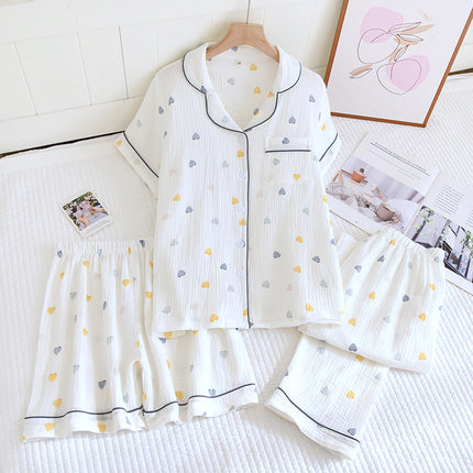 Various Style Spring and Summer Cotton Crepe Pajamas Sweet Three-Piece Short-Sleeved Trousers Spring and Autumn Loose Casual suit