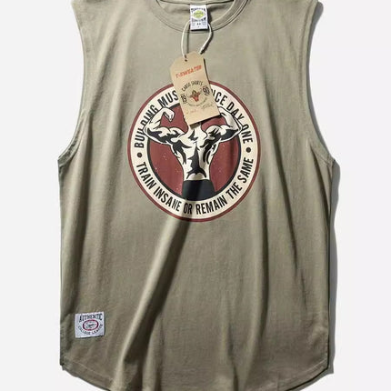 Simple Men's Ami Khaki Printed Crewneck Sports Leisure T Waistcoat Washed Cotton Vintage Garden Swing Side Split Vest