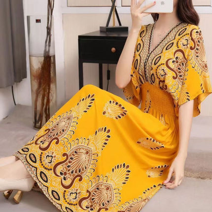 Cross-border ethnic style V-neck cotton silk short-sleeved beach skirt Thailand travel dress summer printed holiday floral skirt