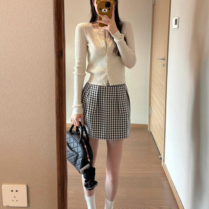 2026 New Early Spring Outfit: a Complete Set of Korean-Style Gentle Knit Cardigan and Plaid Suspender Skirt Set