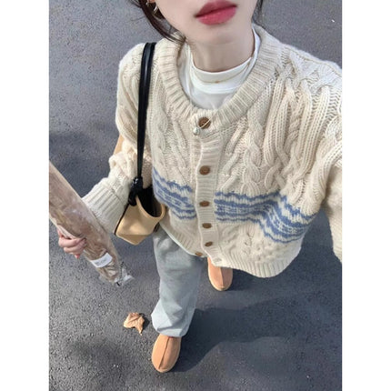 Contrast Jacquard Round Neck Twist Design Knitted Cardigan Autumn and Winter Lazy Style Niche Soft Waxy Sweater Three-piece Suit