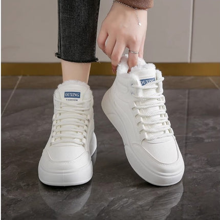 2024 Winter High-top fleece-lined White Shoes New Korean-style ins Female Student Mid-top Flat Sports Casual Board Shoes