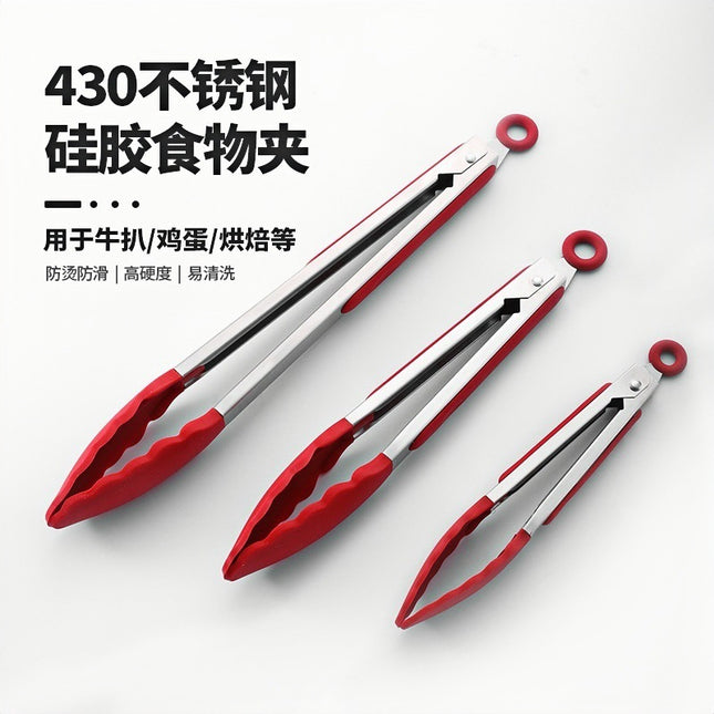 Cross-Border High-Temperature Resistant Steak Grilling Tongs 430 Stainless Steel Anti-Scalding Thickened Barbecue Tongs Kitchen Tools Food Tongs