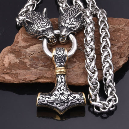 Foreign Trade Explosions Viking Retro Rune Hammer Pendant Wolf Head Necklace Nordic Norway Style Jewelry Men's Wholesale Hair