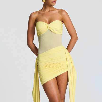 European and American Cross-Border Hot-Selling Women's Solid Color Strapless Mesh See-Through Splicing Ribbon Elegant Young Girl Sexy Short Dress