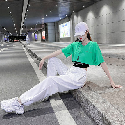 Trendy Loose-Fitting Short-Sleeve Crop Top Two-Piece Set Casual Cotton Commuting Jazz Dance Square Dance Modern Dance Practice Top