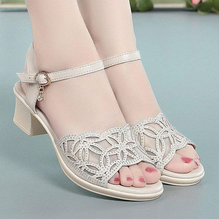 2025 New Women's Soft Sole Thick Heel Women's Shoes Medium Heel Women's Large Size Leather Sandals