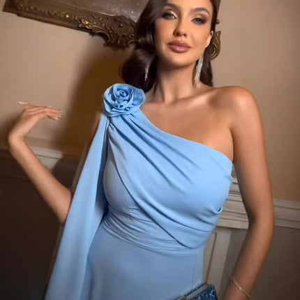 2024 Amazon Summer New Export Women's Fashion Slanted Shoulder Flower Decoration Sexy Slit High Waist Dress
