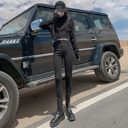 Autumn 2024 New Gray Black Jeans Women's High Waist Slim Look Tall Autumn and Winter Tight Feet Pencil Pants