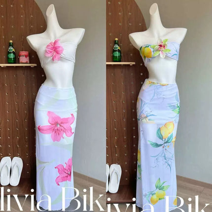 Island Vacation Beach Dress Two-Piece Strapless Bikini Sexy Hot Girl Small Bust Instagram Style Hot Spring Swimsuit