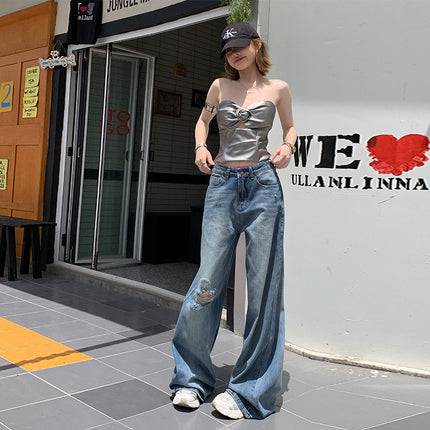 American Style Ripped Bootcut Jeans for Women 2025 Summer New Loose High-Waisted Slimming Non-Stick Leg Flared Pants