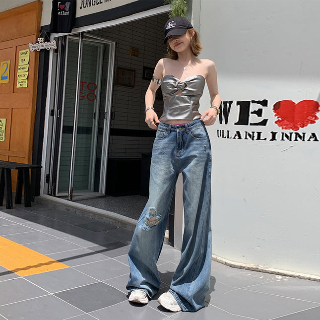 American Style Ripped Bootcut Jeans for Women 2025 Summer New Loose High-Waisted Slimming Non-Stick Leg Flared Pants