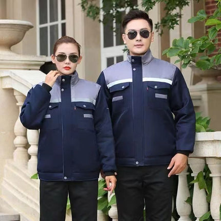Winter Thickened Jacket, Mid-Length Workwear with Patchwork Shoulders, Cotton-Padded Jacket for Auto Repair, Construction Site, Factory, Cold Storage, and Warmth