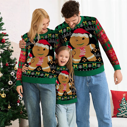 European and American Cross-Border Family Wear Cute Gingerbread Man Pullover Sweater for Women Autumn and Winter Long-Sleeved Green Loose Christmas Sweater