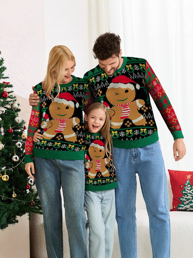 European and American Cross-Border Family Wear Cute Gingerbread Man Pullover Sweater for Women Autumn and Winter Long-Sleeved Green Loose Christmas Sweater