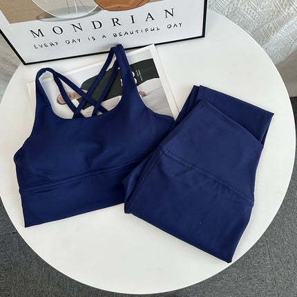 European and American Fashion Fitness Set, Push-Up Cross Sports Bra, Nude-Feel High-Waisted Butt-Lifting Yoga Two-Piece Set for Women