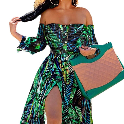 2025 Export Women's Summer New Dress Beach Sexy Slit Printed Floor-Length One-Shoulder Long Skirt