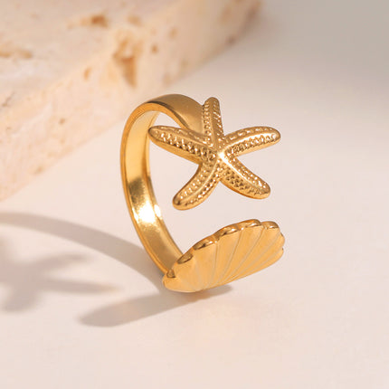 European and American Hot-Selling Starfish Shell Ring for Women, Niche High-End Trendy Daily Matching Ring, Stainless Steel Hand Jewelry