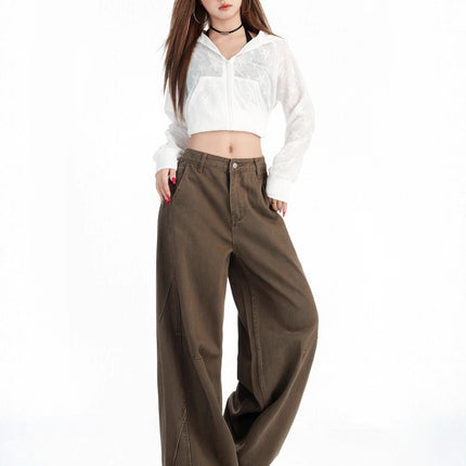 Khaki Wide-Leg Cargo Jeans for Women, Autumn 2025 New American Design, Loose Straight-Leg Floor-Length Pants