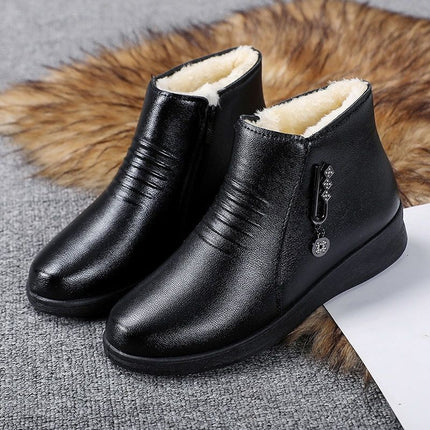 Mom's Shoes, Cotton Shoes for Women, Autumn and Winter Soft-Soled Short Boots for Middle-Aged Women, Middle-Aged and Elderly Women's Shoes, Fleece-Lined Warm Flat Leather Shoes