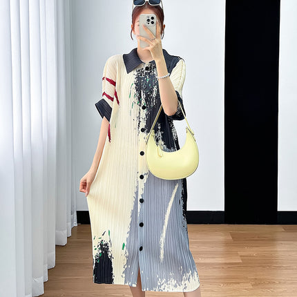 Miyake Simple Printed Casual Waist Loose Long Dress 2024 Summer Pleated Single-breasted New Women's dress