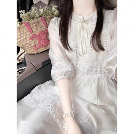 New Women's Dopamine Chiffon Bubble Sleeve White First Love Western Style Lace Court French Super Fairy Over-the-Knee dress