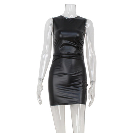 European and American Style Cross-Border New Women's Sleeveless Round Neck Sexy Hot Nightclub Slim Hip-Hugging Pu Dress Women's Wholesale