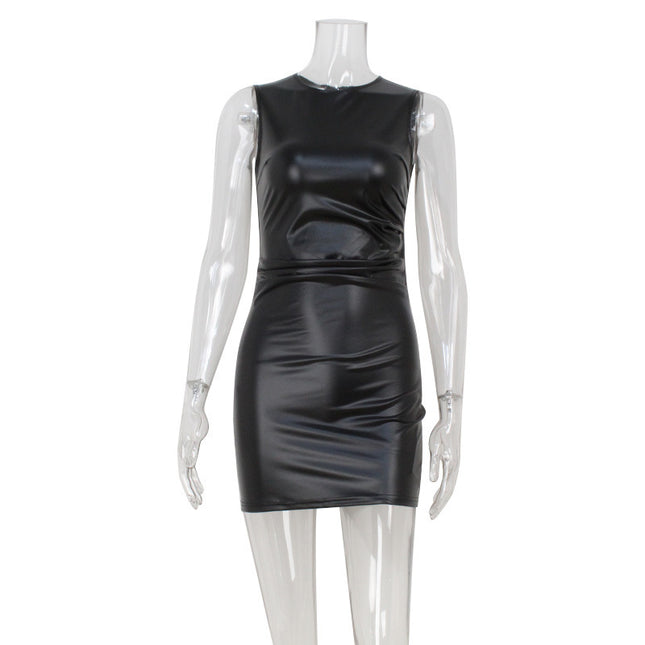 European and American Style Cross-Border New Women's Sleeveless Round Neck Sexy Hot Nightclub Slim Hip-Hugging Pu Dress Women's Wholesale