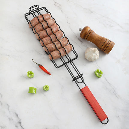 Removable sausage barbecue net wooden handle hot dog barbecue BBQ non-stick barbecue clip outdoor fire sausage barbecue net