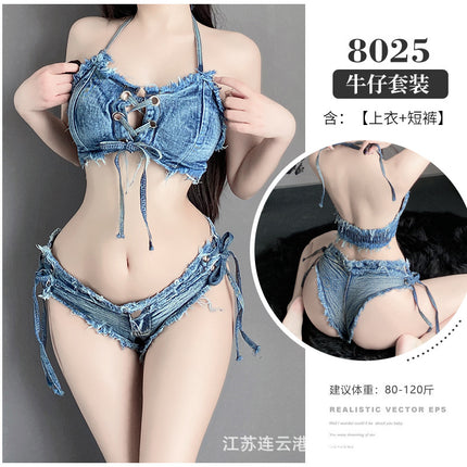 Lin Lin Ting's Sexy Lingerie Low-Waist Open-Crotch Sexy Ripped Denim Shorts Nightclub Hot Temptation Lingerie Denim