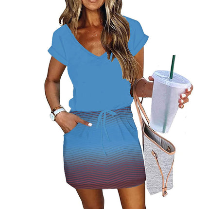 Women's Colorful Striped Printed V Neck Short Sleeve Drawstring Elastic Waist Pocket Pullover Dress