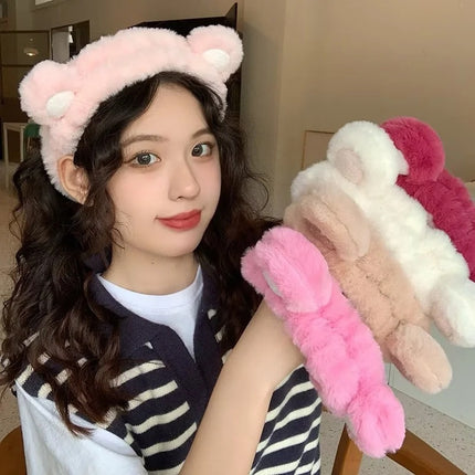 Strawberry Bear Plush Ear Headband for Washing Face, Hair Tie, Face Mask, Makeup, Bear Headband, Heart Bangs