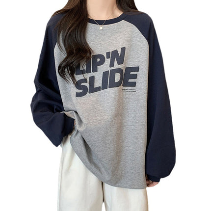 Autumn and Winter thickened brushed contrast color raglan sleeve letter printed T-shirt women's lazy loose large casual round neck sweater