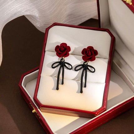 925 Silver New Wine Red Flocking Earrings Elegant Atmosphere Bow Rose New Year Spring Festival Chinese Style Earrings
