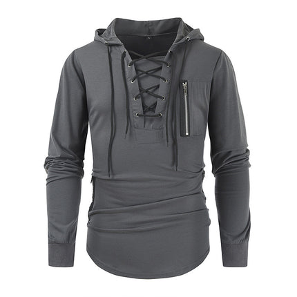2025 Men's Spring and Autumn Hoodie Solid Color Lace-Up Zipper Pocket Sports Streetwear Hooded Sweatshirt