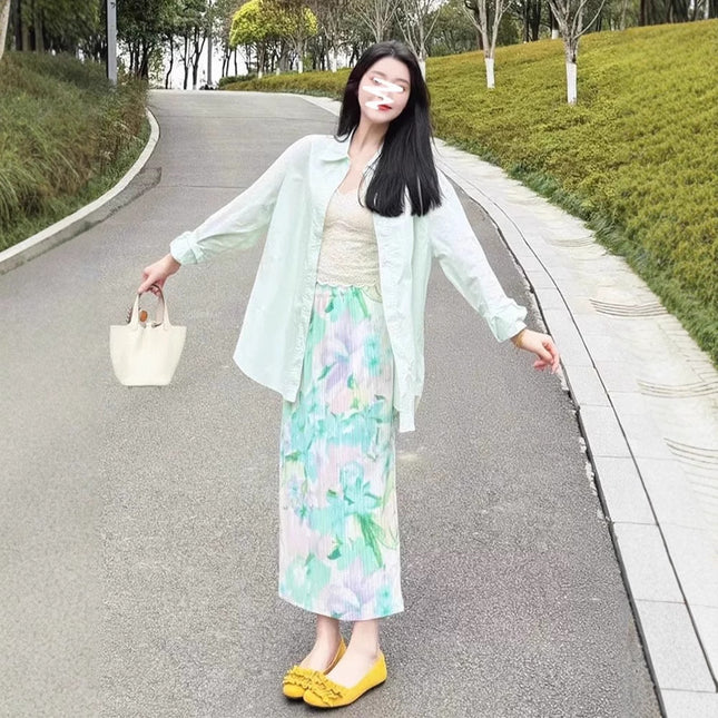 Summer Fresh Outfit, Summer Refreshing Color Scheme, Green Sleeveless Top, High-Waisted Slimming Skirt Two-Piece Set
