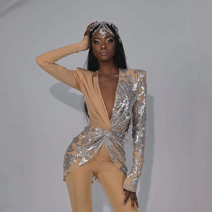 Independent Station Explosions Deep V Stitching Sequins Long Sleeve Slim Fit Bell Pants Pants Sexy Slim Party Evening Dress