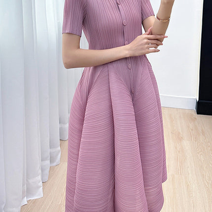 Foreign trade high-end Sanzhai casual elegant gentle simple solid color pleated flower buds dress women's summer New
